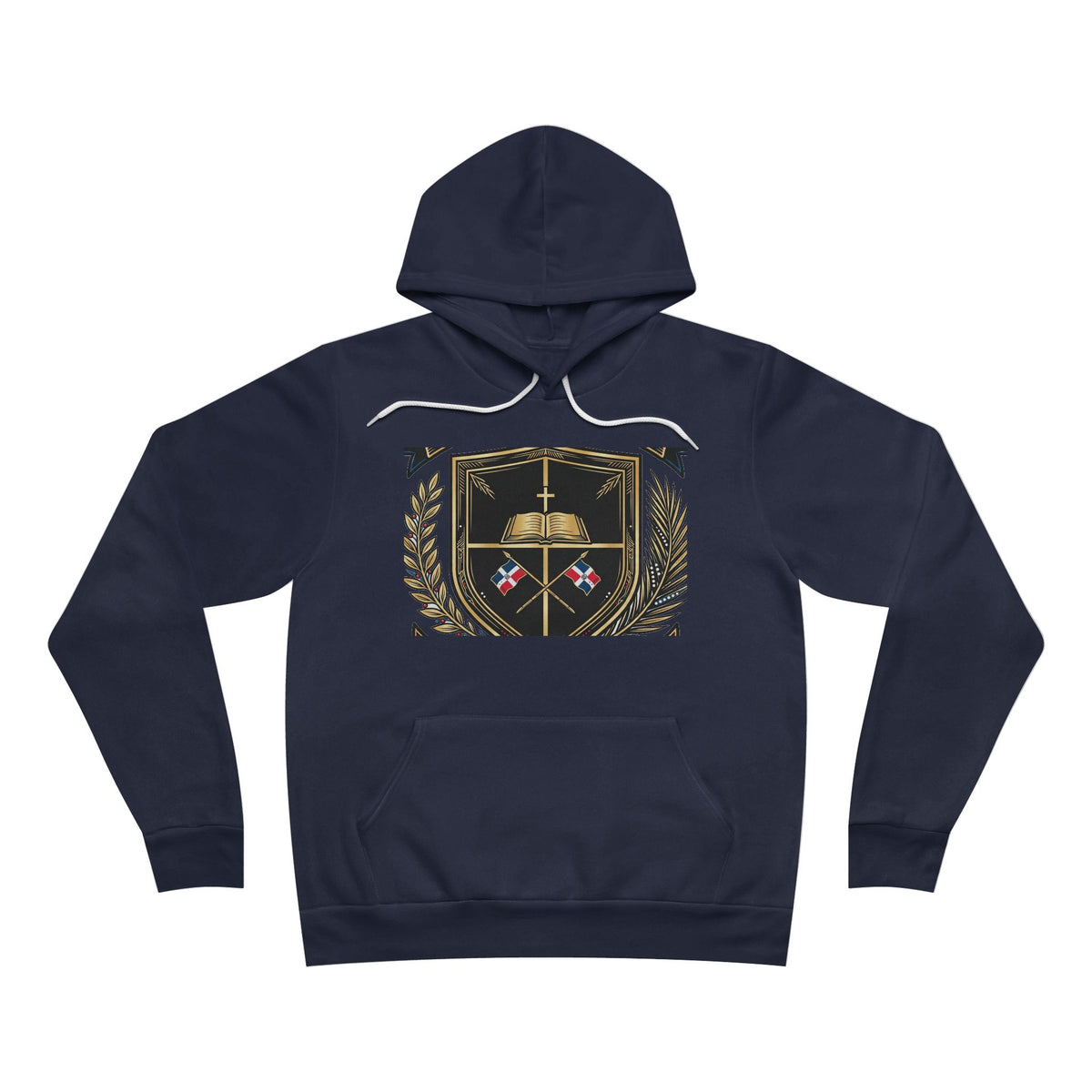 EverAfterWear Dominican Shield Noir hoodie - product mockup with gold streetwear design - alternate view