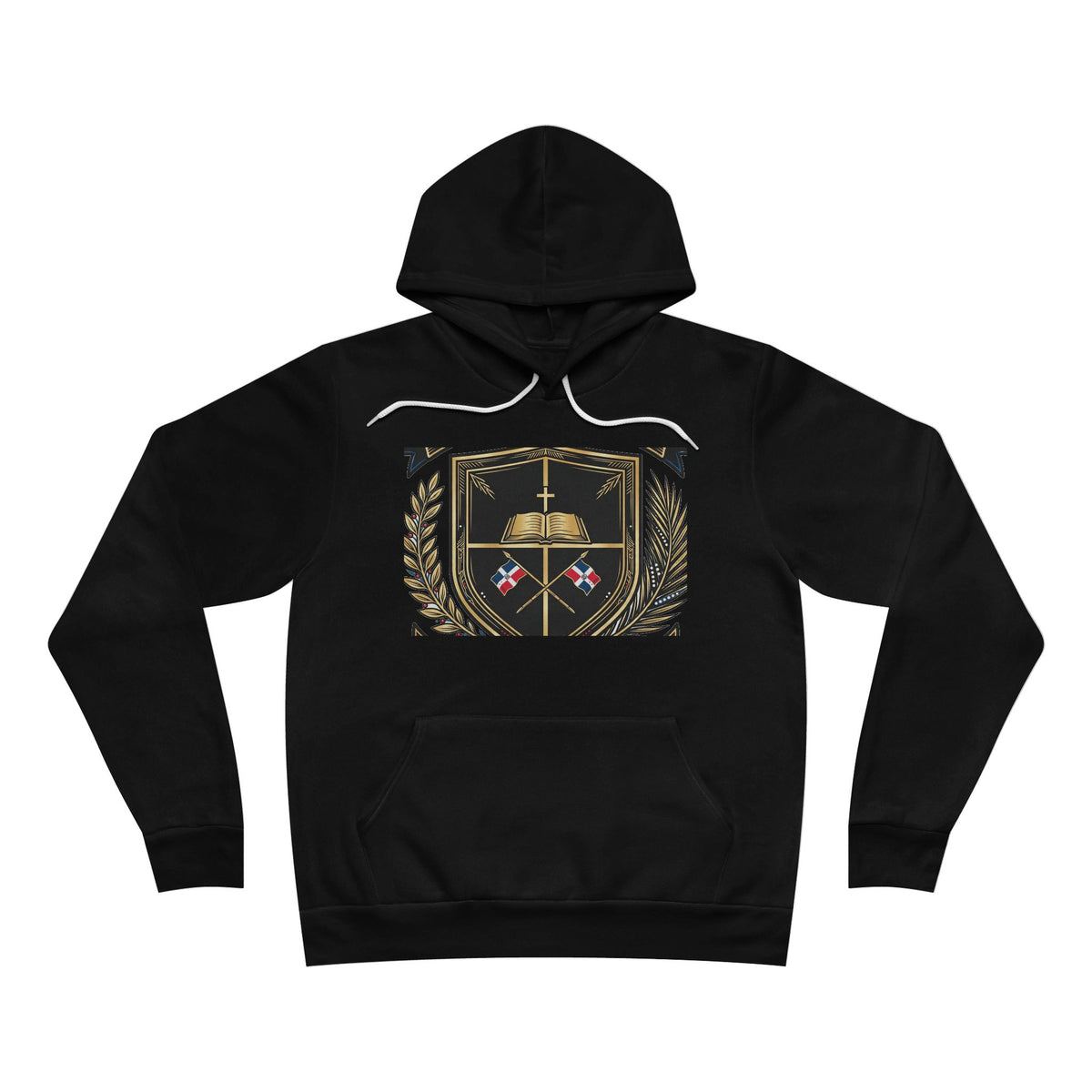 EverAfterWear Dominican Shield Noir hoodie - product mockup with gold streetwear design - alternate view