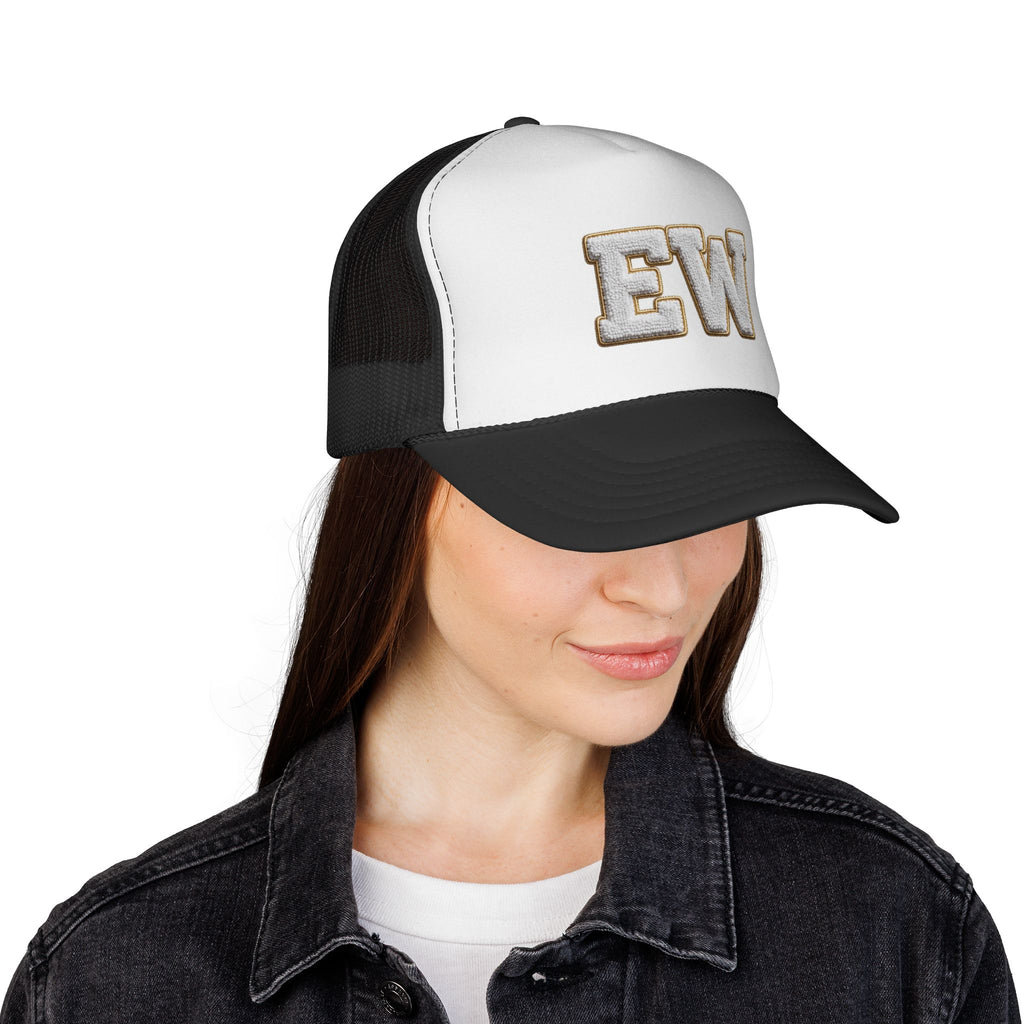 EverAfterWear Chenille EW trucker hat - headwear mockup with gold streetwear design - alternate view