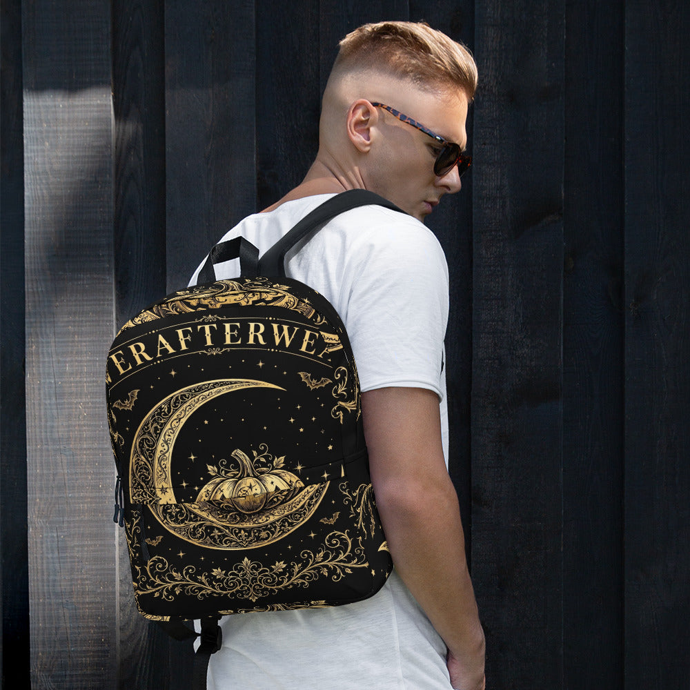 EverAfterWear Halloween Gold Moon backpack - product mockup with gold streetwear design